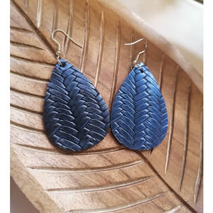 Faux Leather Blue Braided Textured Dangle Teardrop Earrings